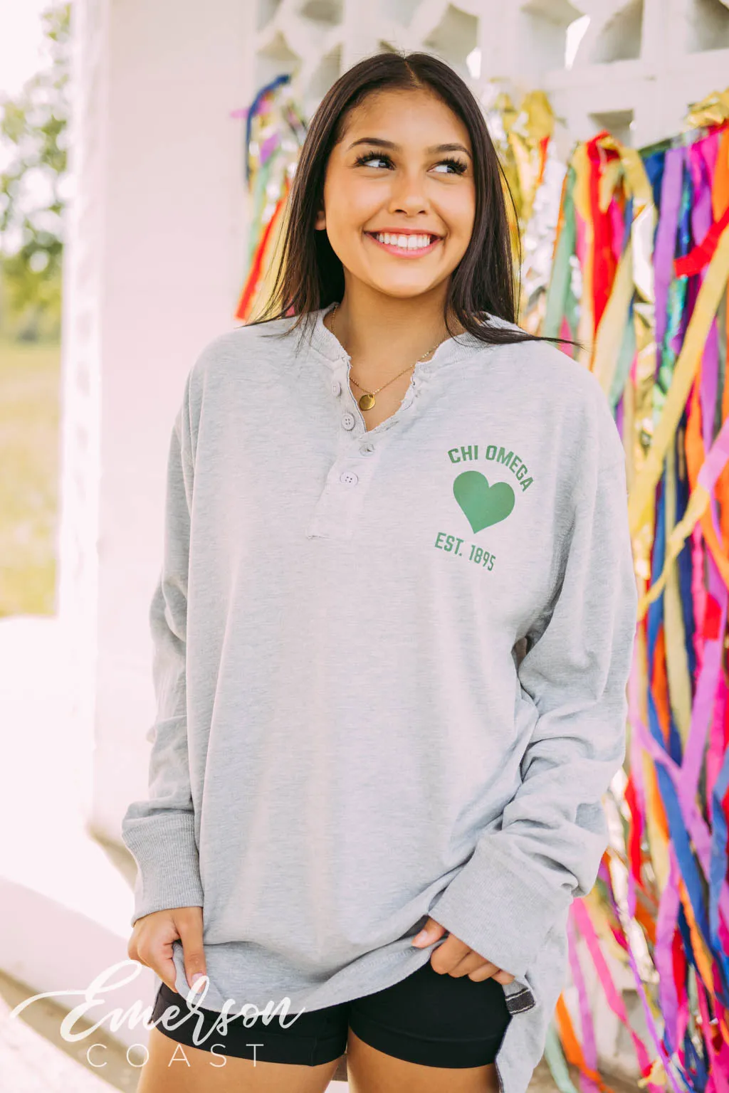 Chi Omega Green Heart Long Sleeve Henley