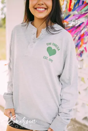 Chi Omega Green Heart Long Sleeve Henley