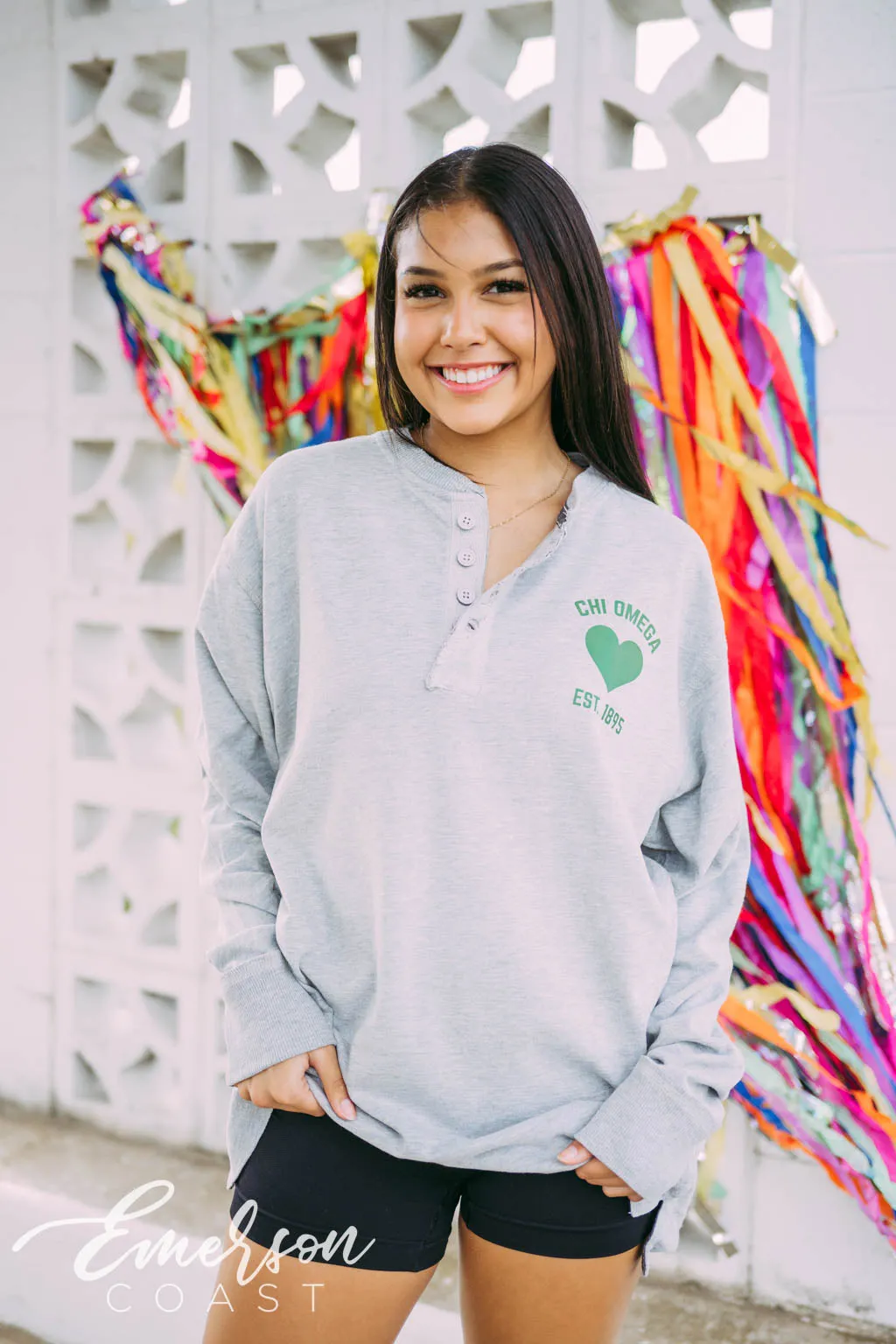 Chi Omega Green Heart Long Sleeve Henley