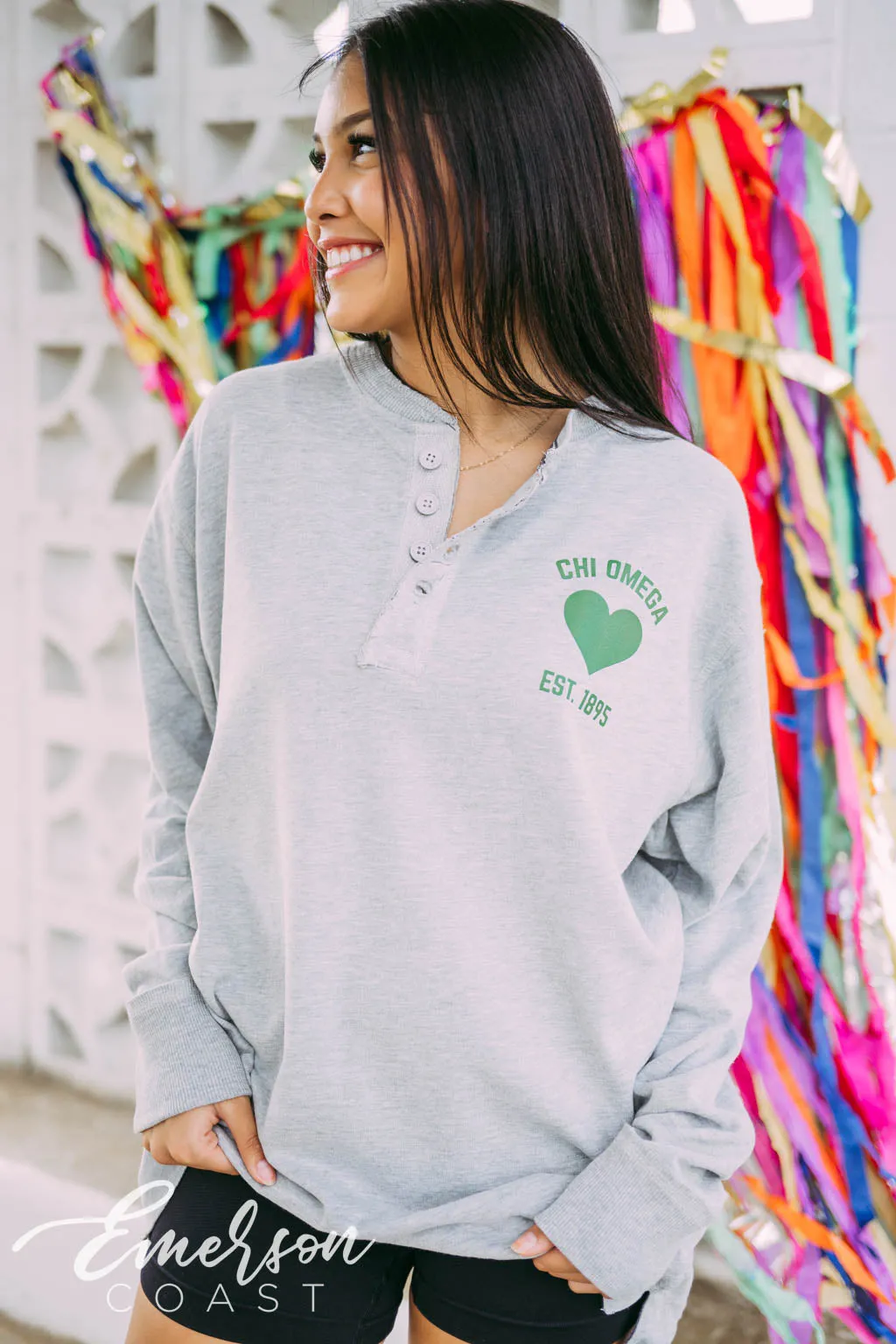 Chi Omega Green Heart Long Sleeve Henley