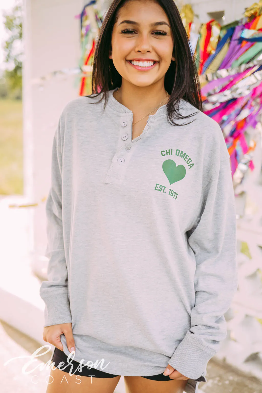 Chi Omega Green Heart Long Sleeve Henley