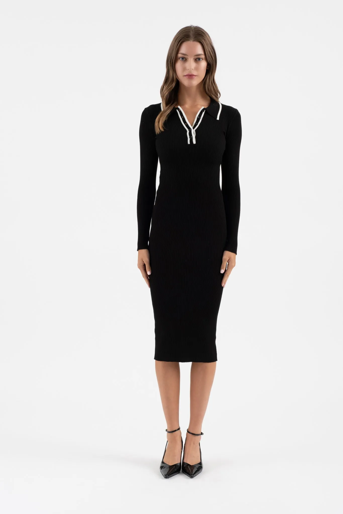 CONTRAST TRIM COLLARED BUTTON FRONT MIDI DRESS