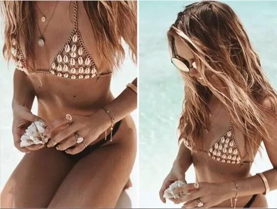 Cowrie Shell Bra Silver Chain Triangle Top With Natural Sea Shells Wear It Alone Or Over A Bikini Top One Size Adjustable Mermaid Body Jewelry