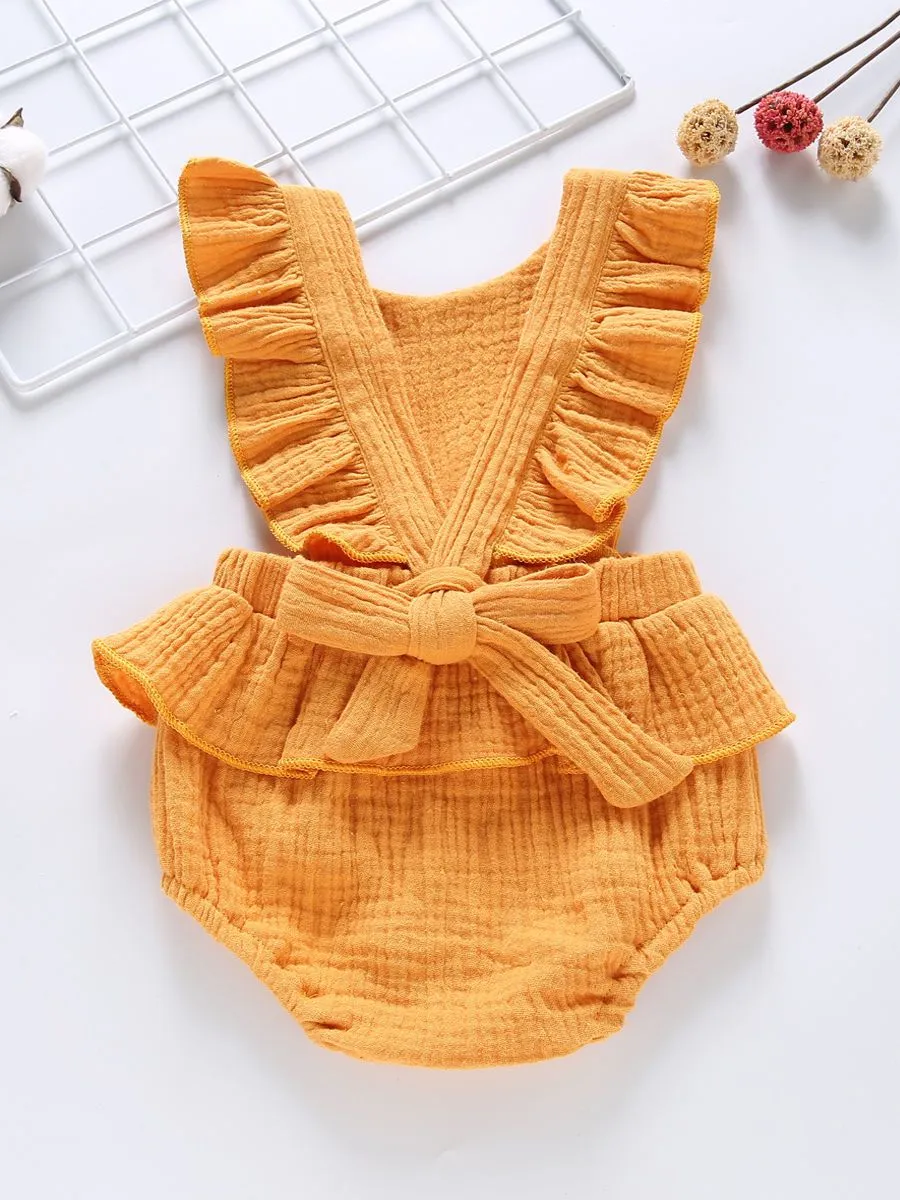 Crinkle Gauze Backless Ruffle Solid Color Bodysuit