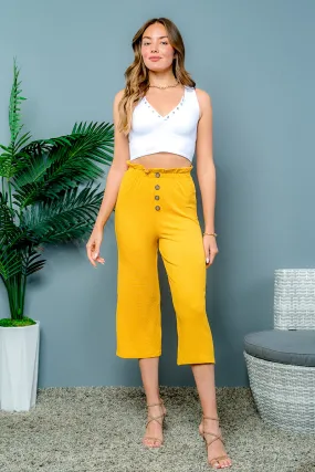 Cropped Pants with Ruffle Waistband and 4 Button Decor at Center Front in Mustard (6471PY)