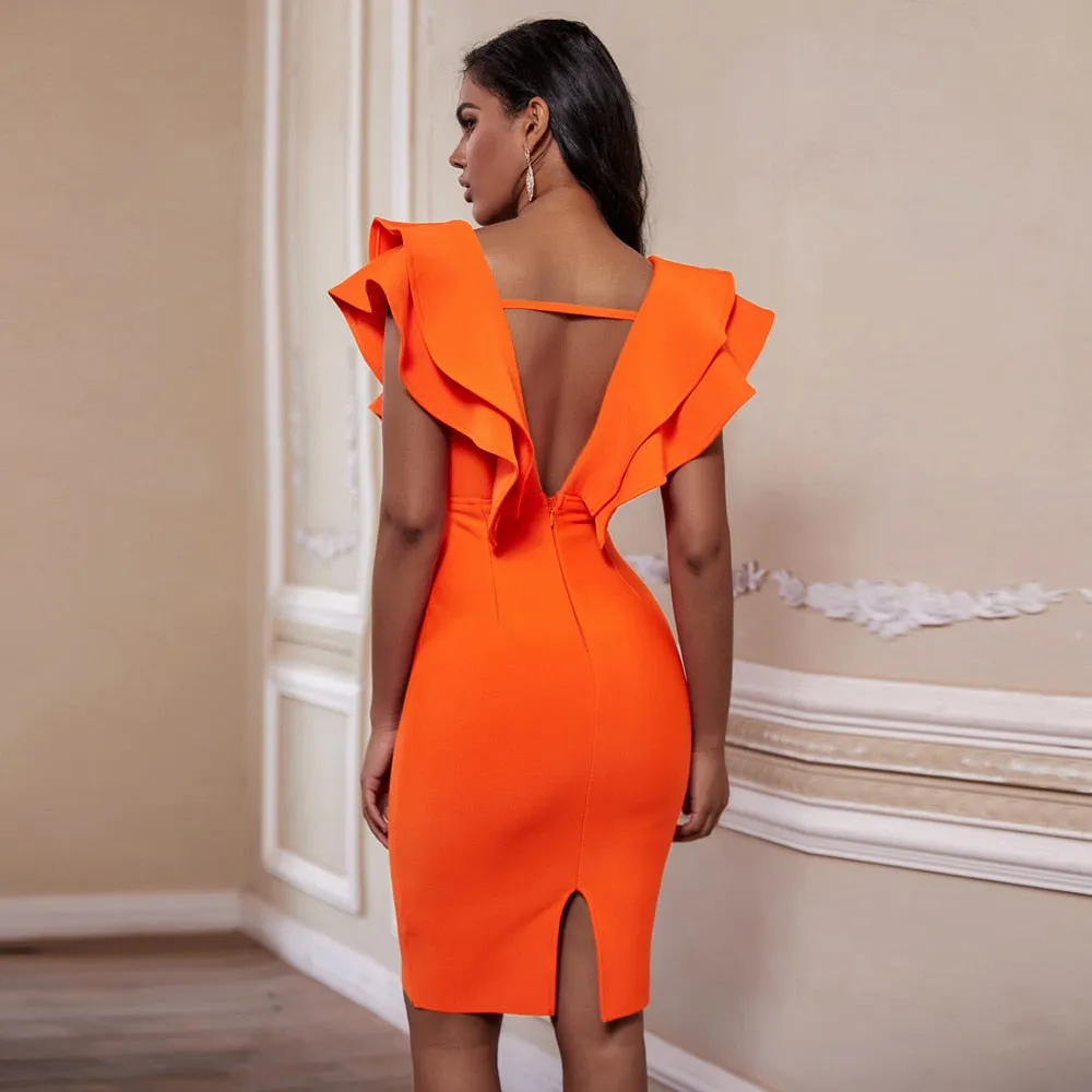 Deep V- Neck Beautiful Ruffles Bandage Women Bodycon Dress