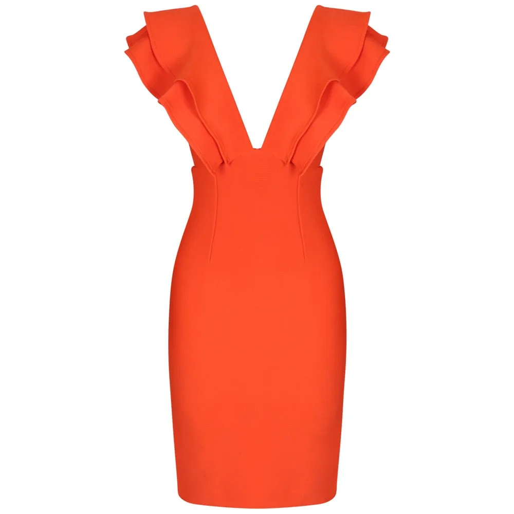 Deep V- Neck Beautiful Ruffles Bandage Women Bodycon Dress