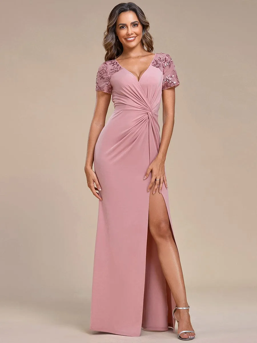 Deep V-Neck Sequin Short Sleeve High Side Front Slit Mother of the Bride Dresses