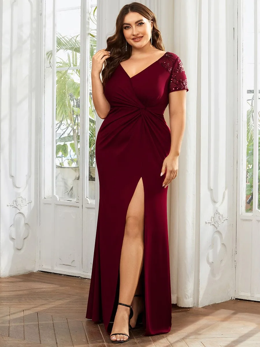 Deep V-Neck Sequin Short Sleeve High Side Front Slit Mother of the Bride Dresses