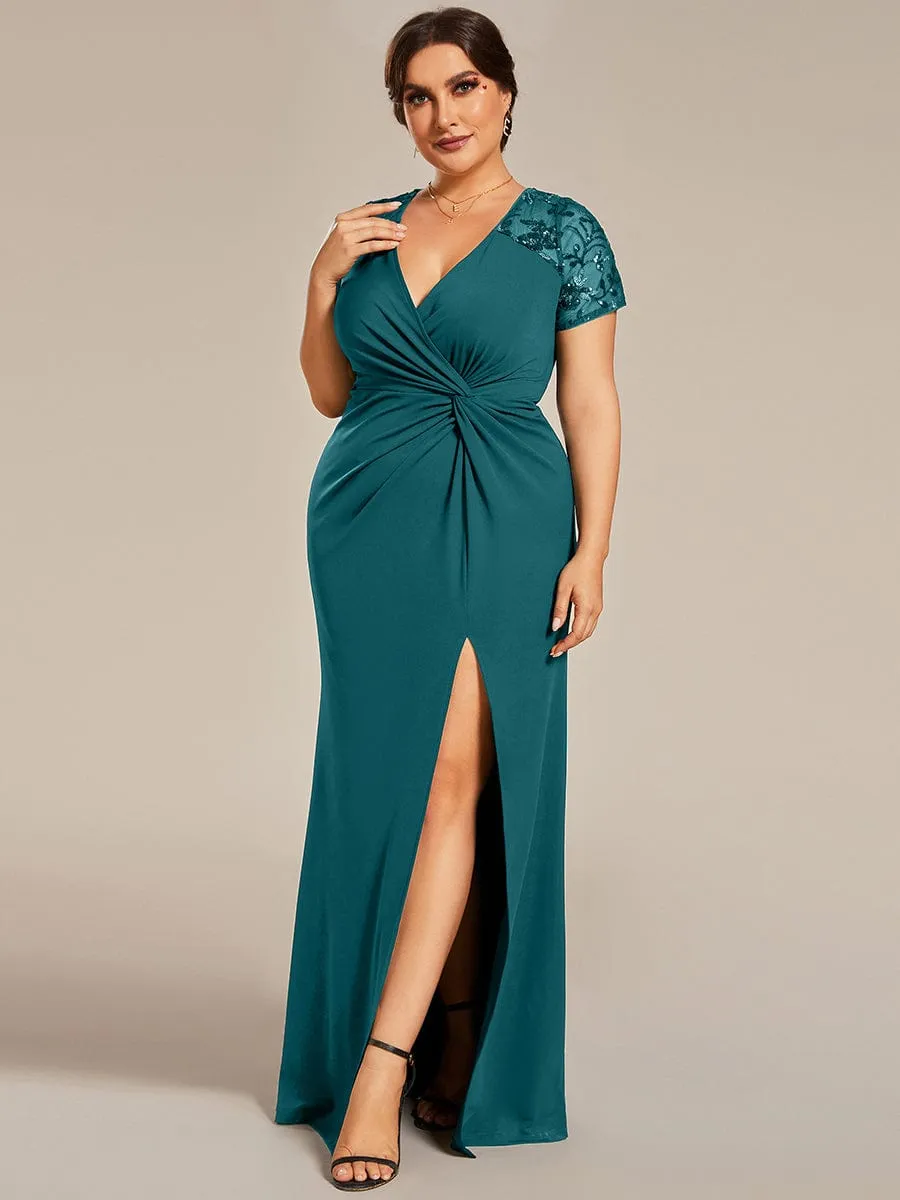 Deep V-Neck Sequin Short Sleeve High Side Front Slit Mother of the Bride Dresses