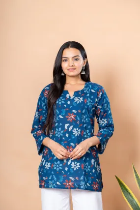 Ekisha's women blue designer floral printed cotton tunic top short kurti