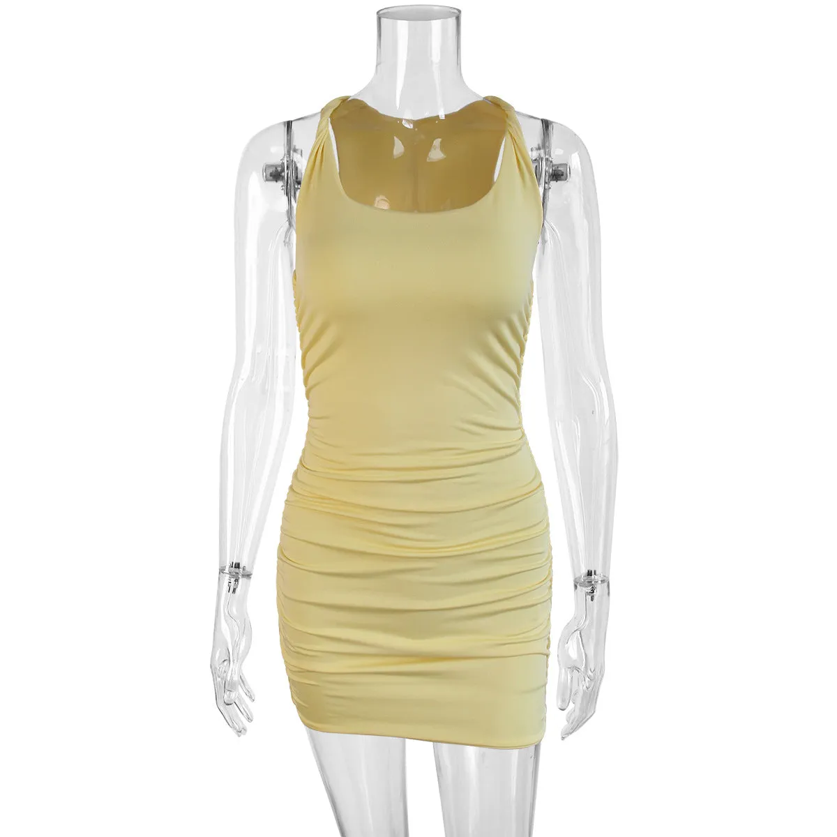 Elegant Sleeveless Bodycon Pleats and Low Neckline Dress