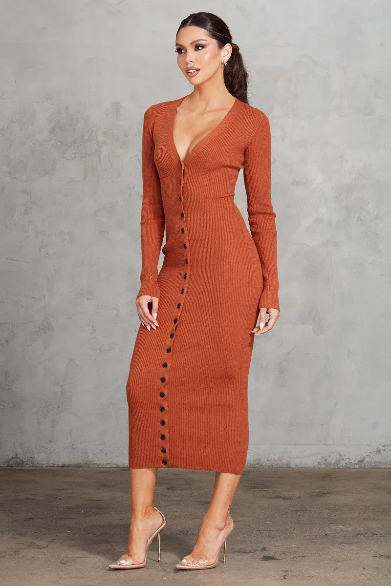 Front Button Bodycon Midi Dress