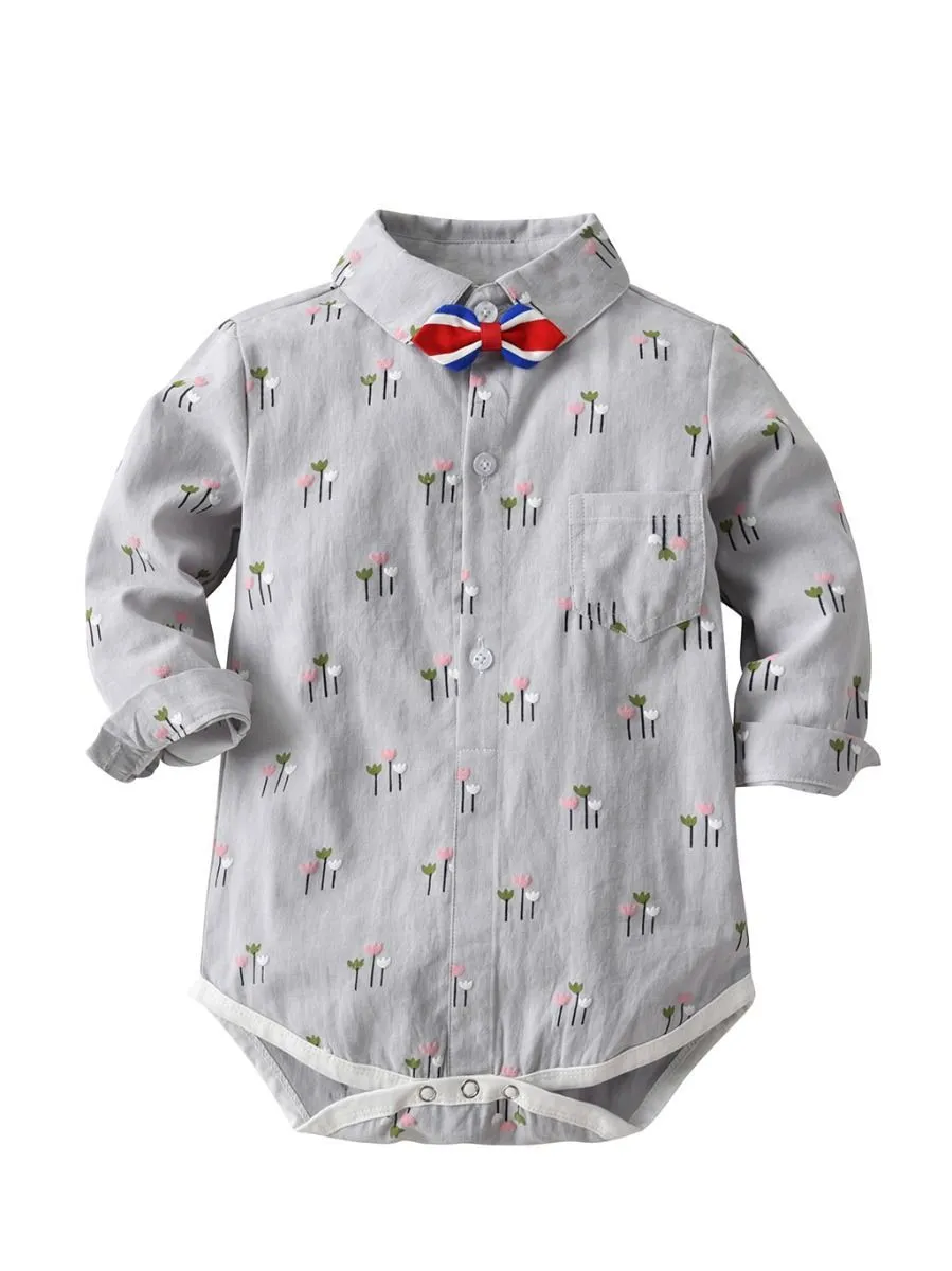 Gentleman Style Romper Foral Infant Baby Boy Playsuit with Color-blocking Bowtie