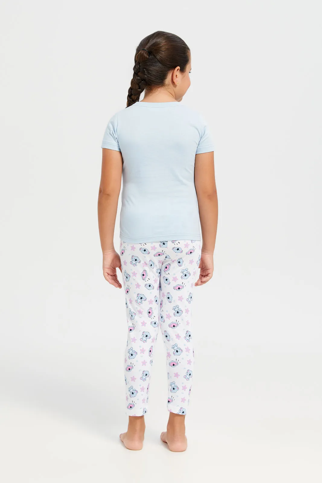 Girls Blue And White Printed Pyjama Set (2 Piece)