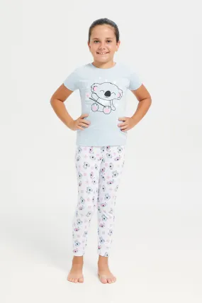 Girls Blue And White Printed Pyjama Set (2 Piece)