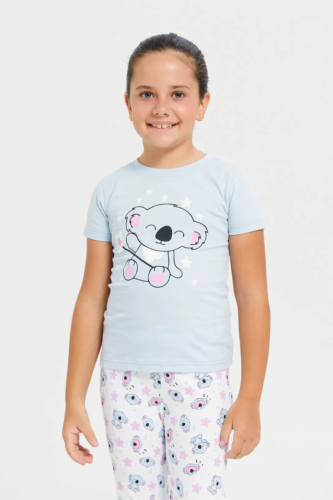 Girls Blue And White Printed Pyjama Set (2 Piece)