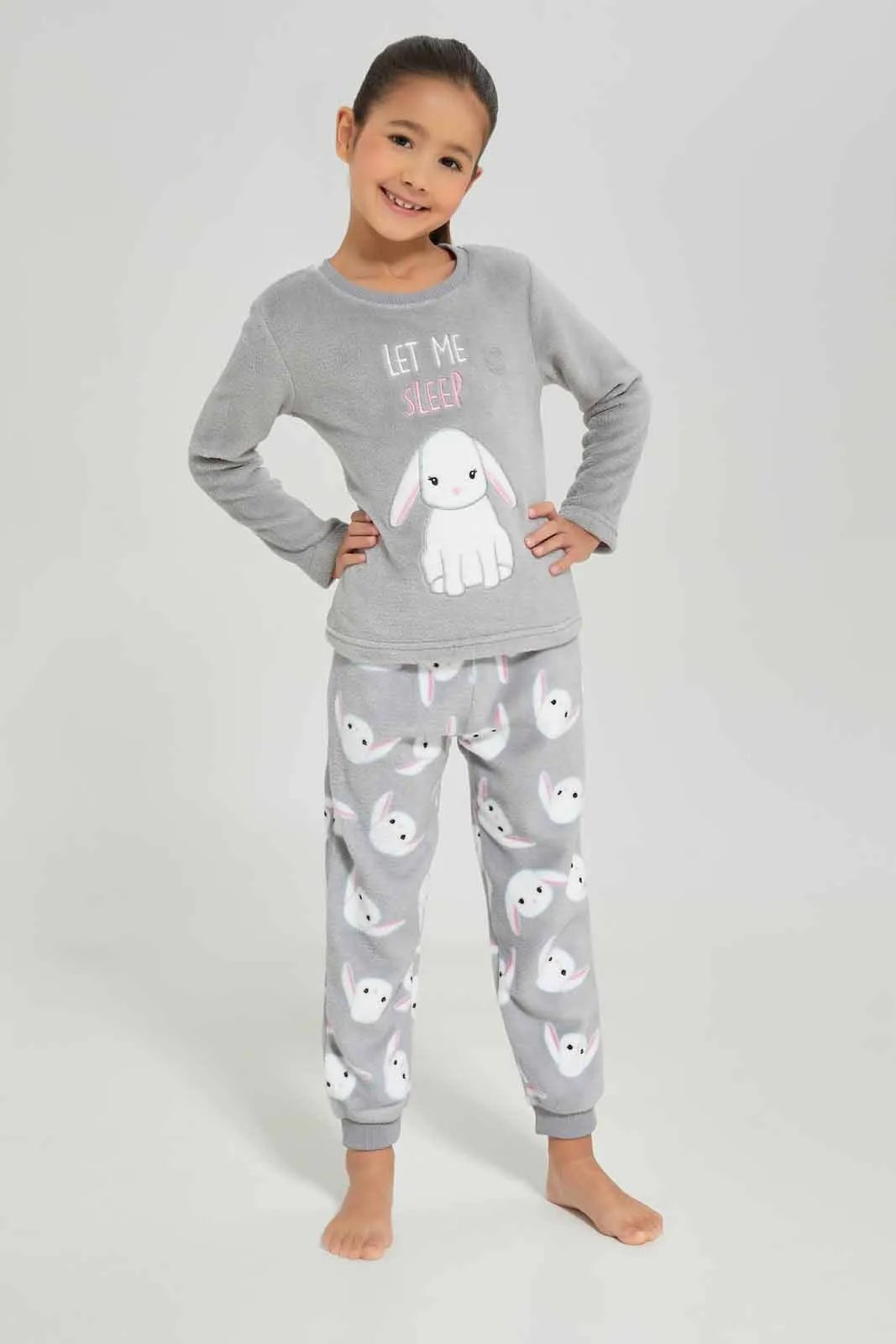 Girls Grey Bunny Embossed Pajama Set (2 Piece)