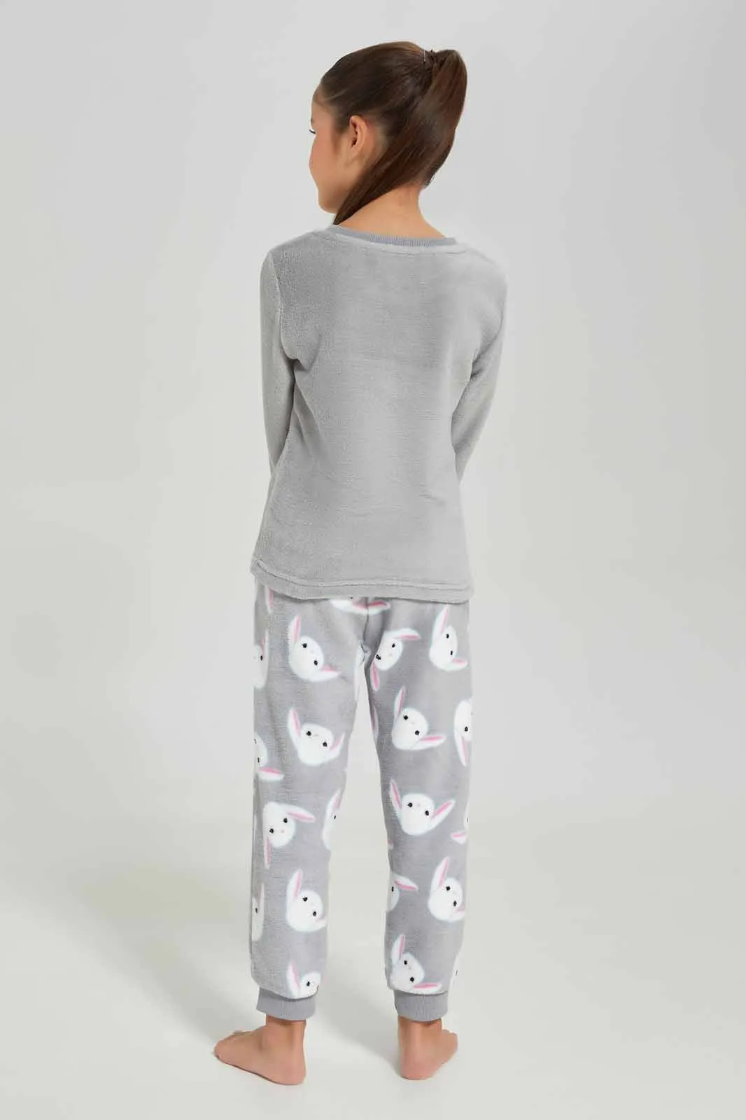 Girls Grey Bunny Embossed Pajama Set (2 Piece)