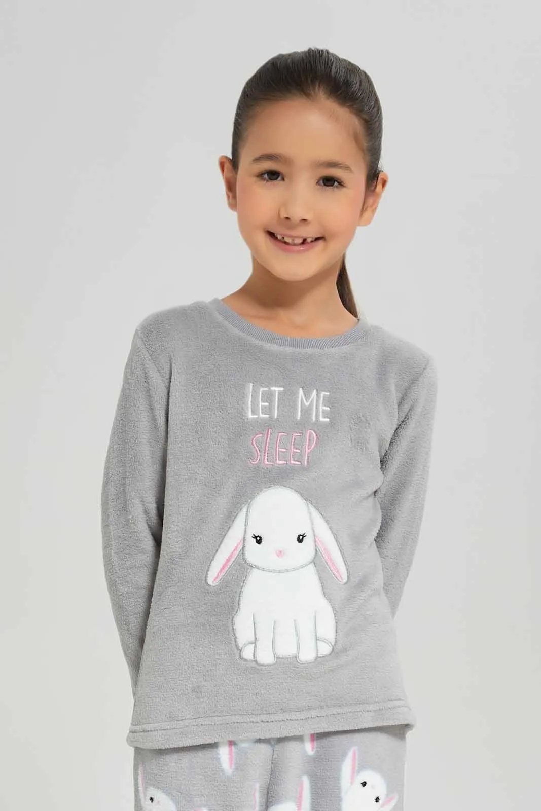 Girls Grey Bunny Embossed Pajama Set (2 Piece)