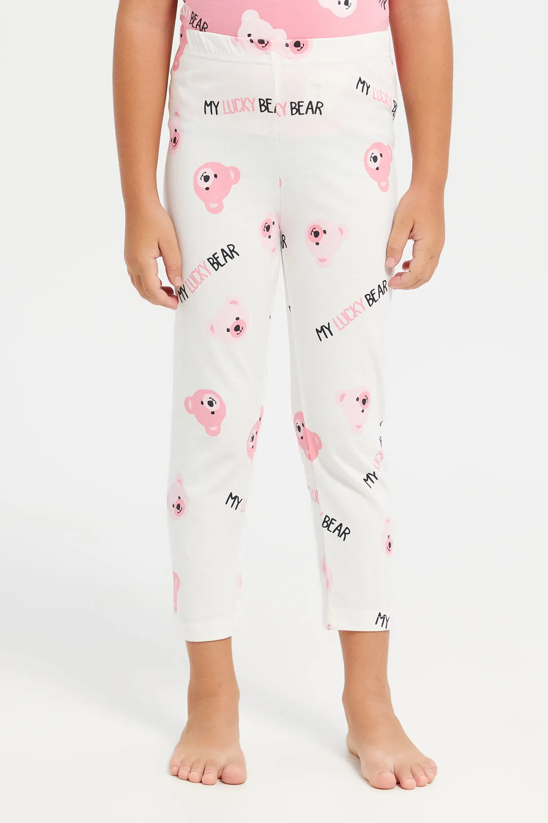 Girls Pink And White Bears Print Pyjama Set (2 Piece)