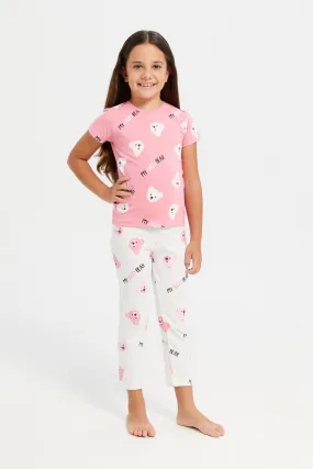 Girls Pink And White Bears Print Pyjama Set (2 Piece)