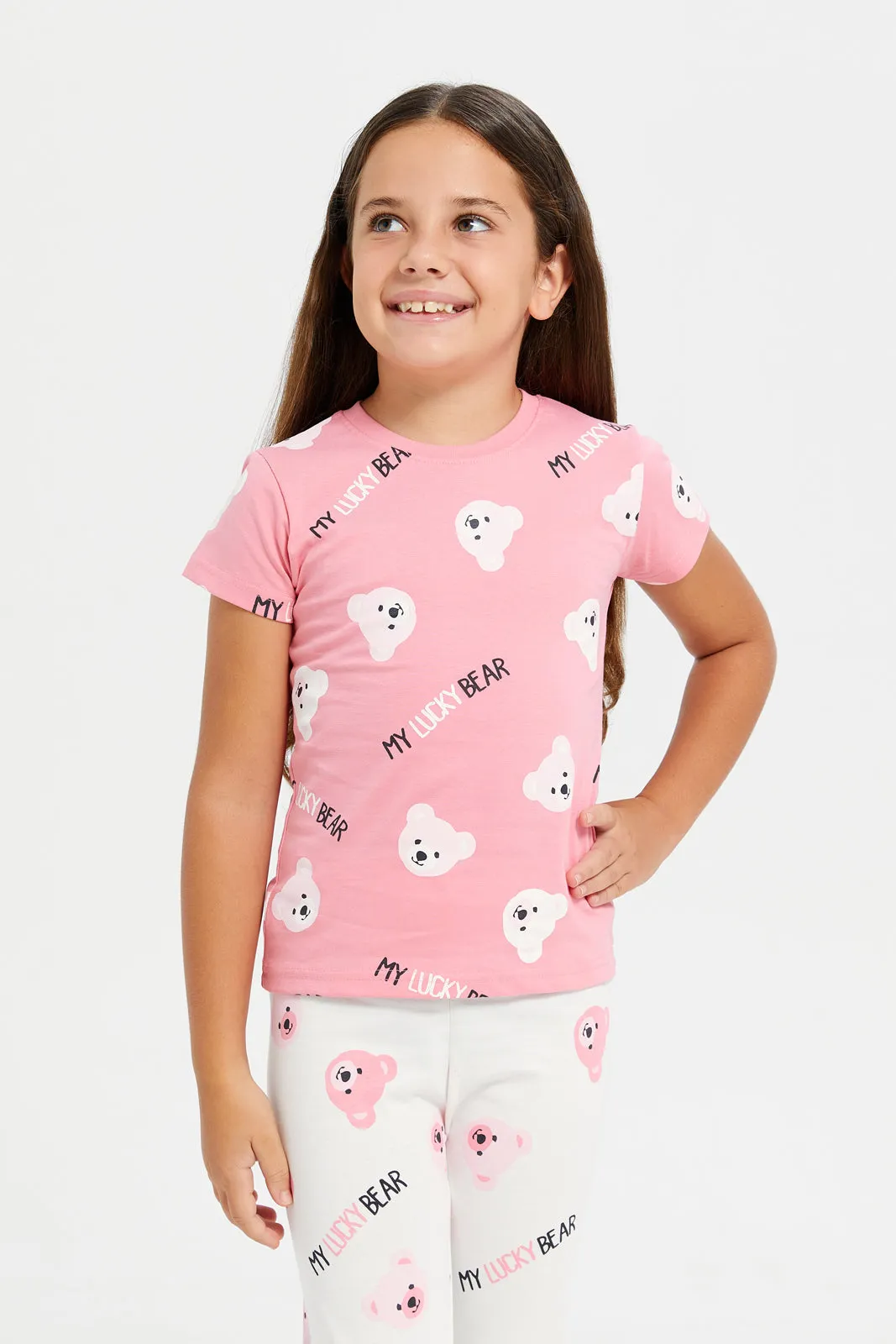 Girls Pink And White Bears Print Pyjama Set (2 Piece)