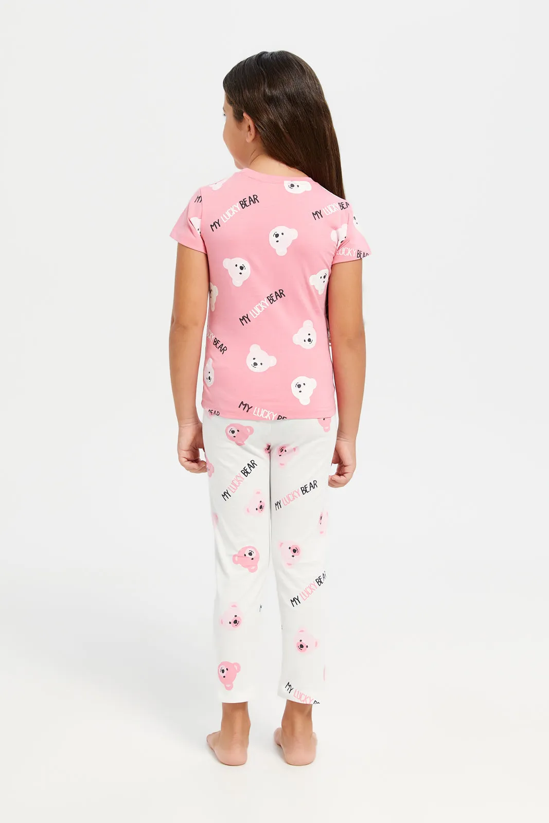 Girls Pink And White Bears Print Pyjama Set (2 Piece)