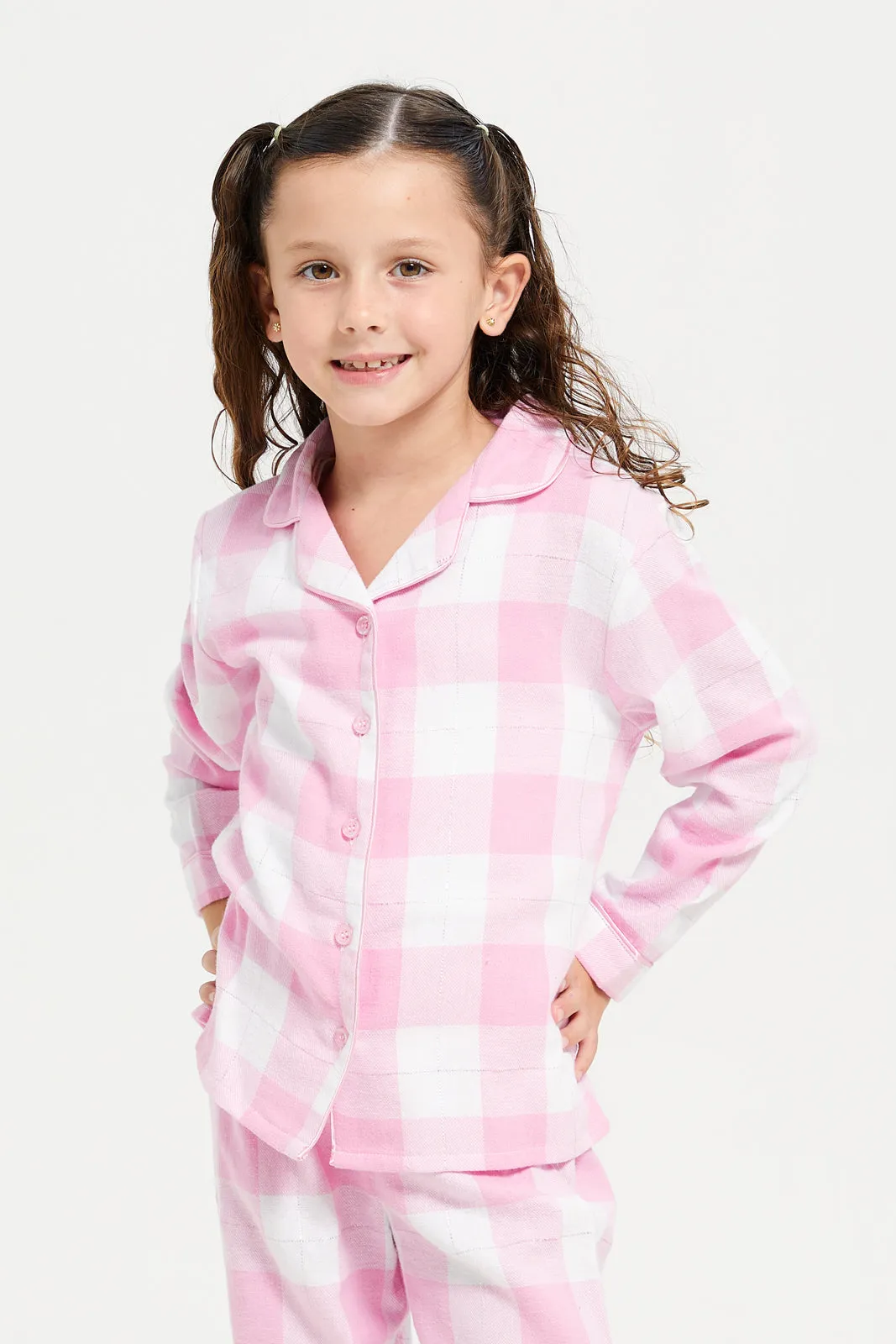 Girls Pink Checkered Pyjama Set (2 Piece)