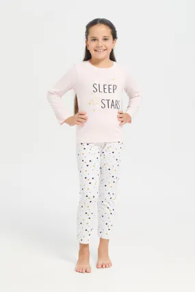 Girls Pink Stars Print Pyjama Set (2 Piece)