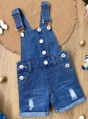 Girls Ripped Cuffed Denim Overall