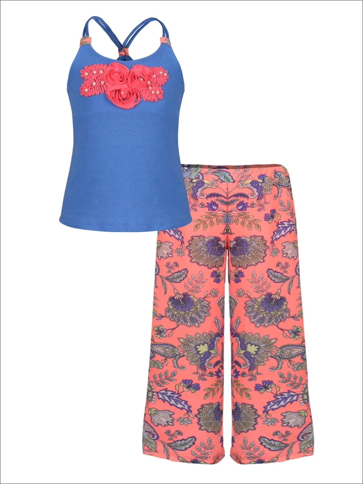 Girls Trimmed Scrunch Back Tank And Palazzo Pants Set