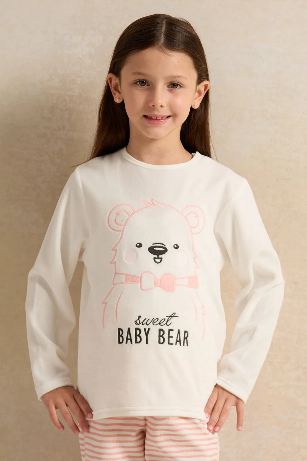 Girls White And Baby Bear Pyjama Set (2 Piece)