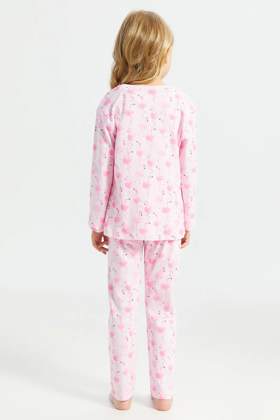 Girls White And Pink Flamingo Printed Pyjama Set (2 Piece)