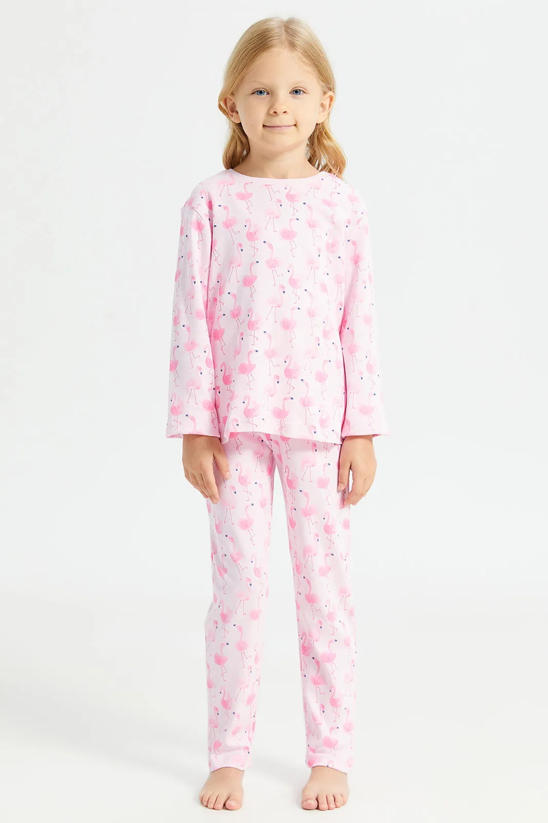 Girls White And Pink Flamingo Printed Pyjama Set (2 Piece)