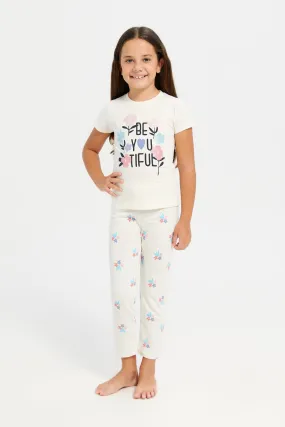 Girls White Be Youthful Print Pyjama Set (2 Piece)