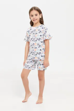 Girls White Printed Pyjama Set (2 Piece)