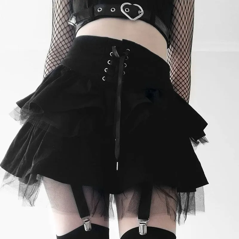 Gothic punk style eyelet lace up strap mesh overskirt sexy layered velvet big hem skirt dress