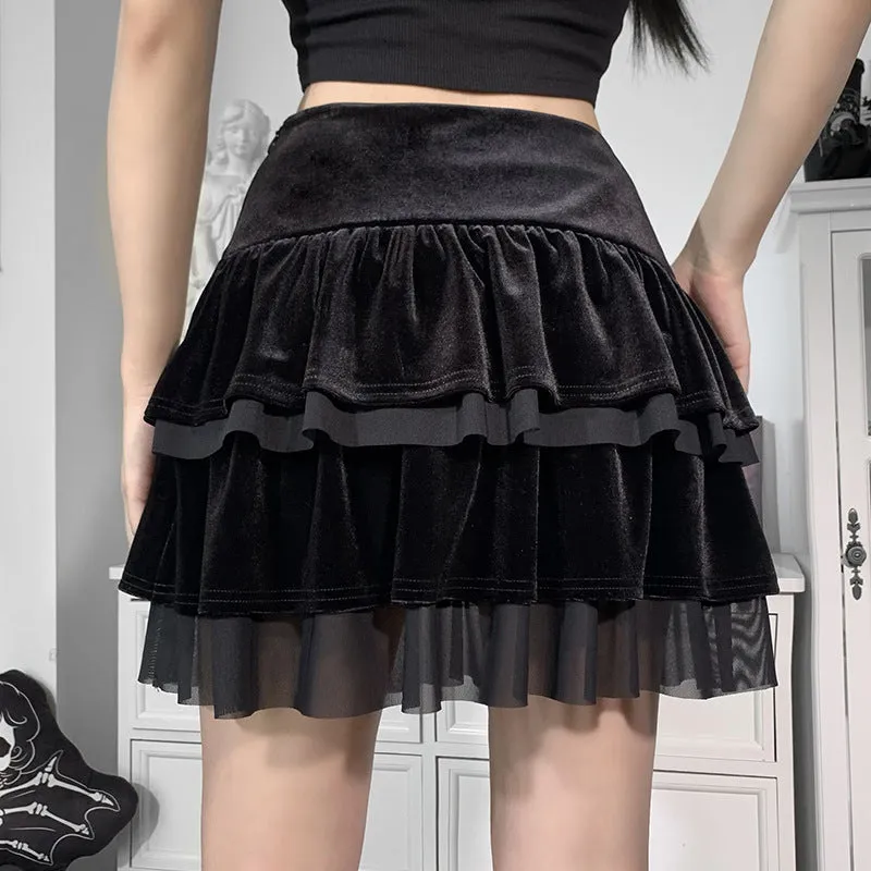 Gothic punk style eyelet lace up strap mesh overskirt sexy layered velvet big hem skirt dress