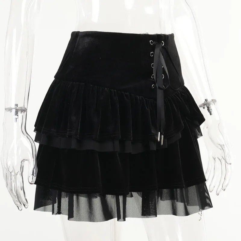 Gothic punk style eyelet lace up strap mesh overskirt sexy layered velvet big hem skirt dress