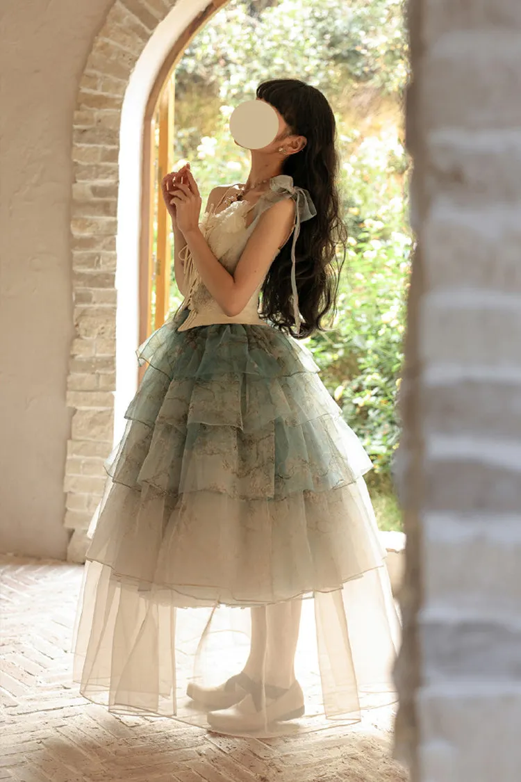 Green Gradient Multi-Layered Print Sweet Lolita Skirt