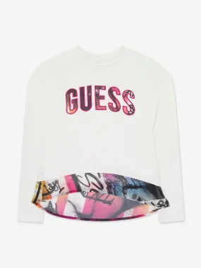 Guess Girls Long Sleeve T-Shirt With Chiffon in Ivory