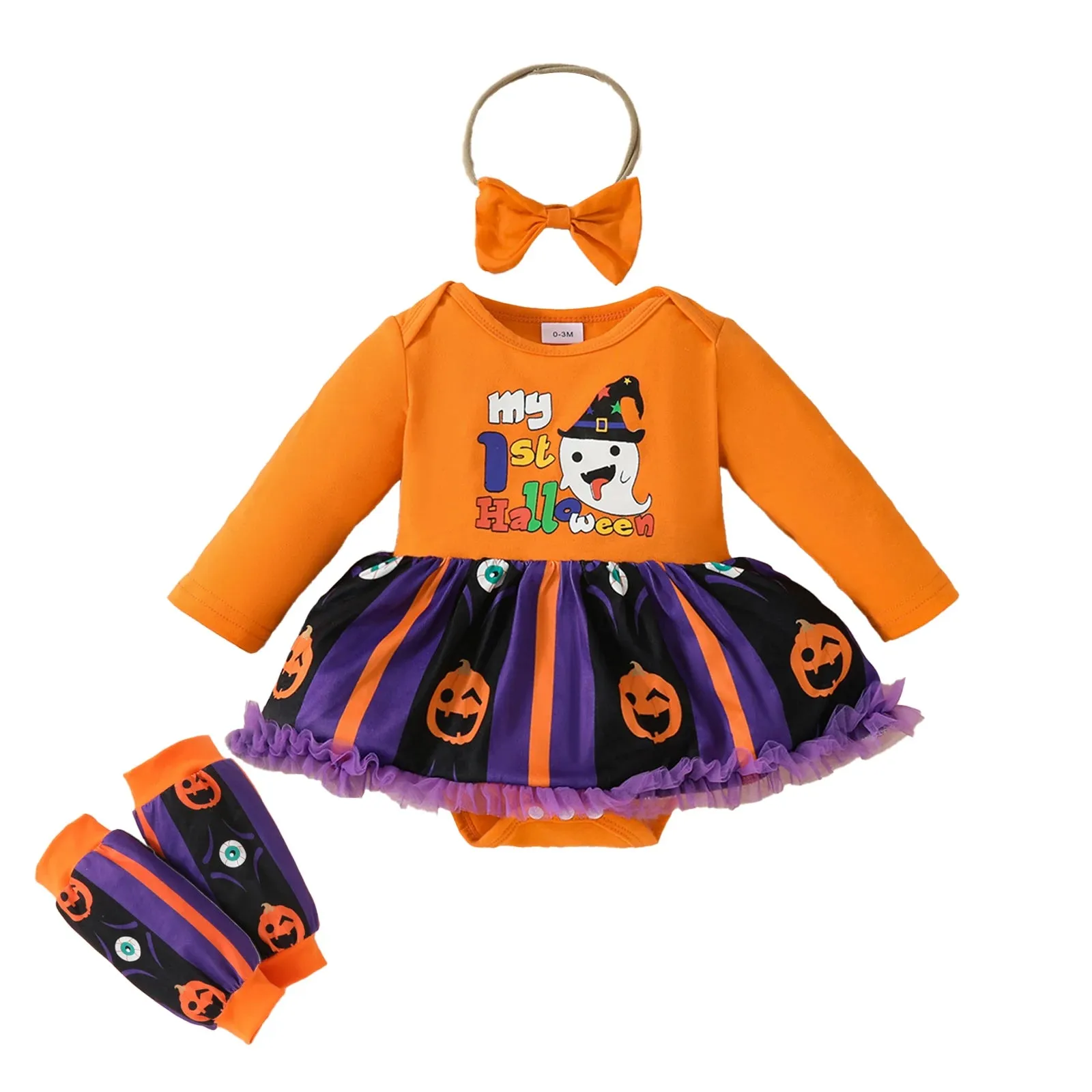 Halloween Newborn Infant Toddler Baby Girl Romper Letter Pumpkin Ghost Print Tulle Jumpsuit Headband Leg Warmers 0-18M