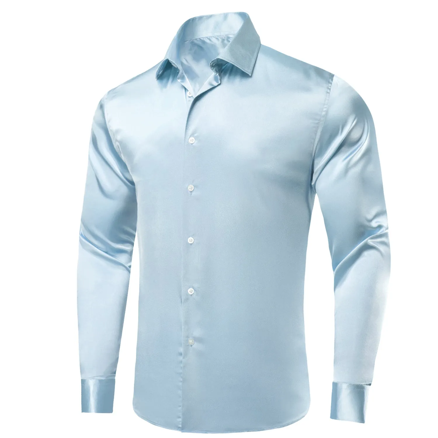 Hi-Tie Sky Blue Shirt Baby Blue Silk Satin Men Long Sleeve Dress Shirt