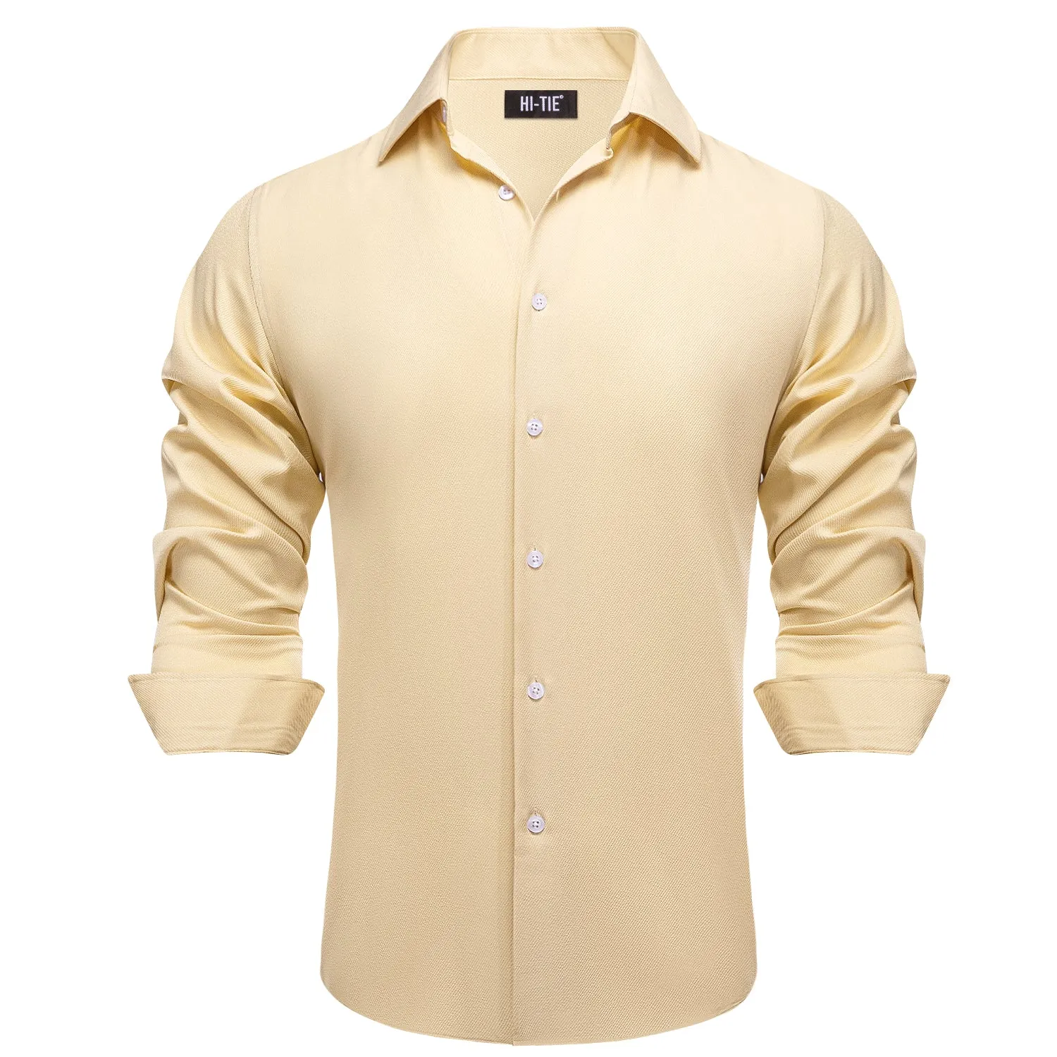 Hi-Tie Solid Champagne Casual Versatile Men's Long Sleeve Dress Shirt