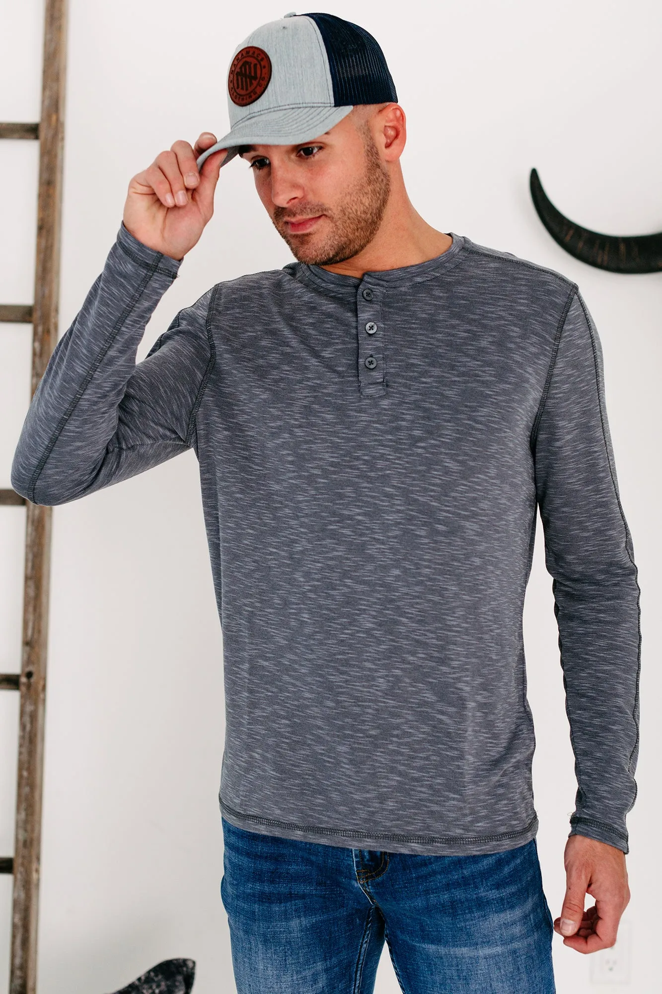 Hudson Men's Henley Top (Heather Grey)