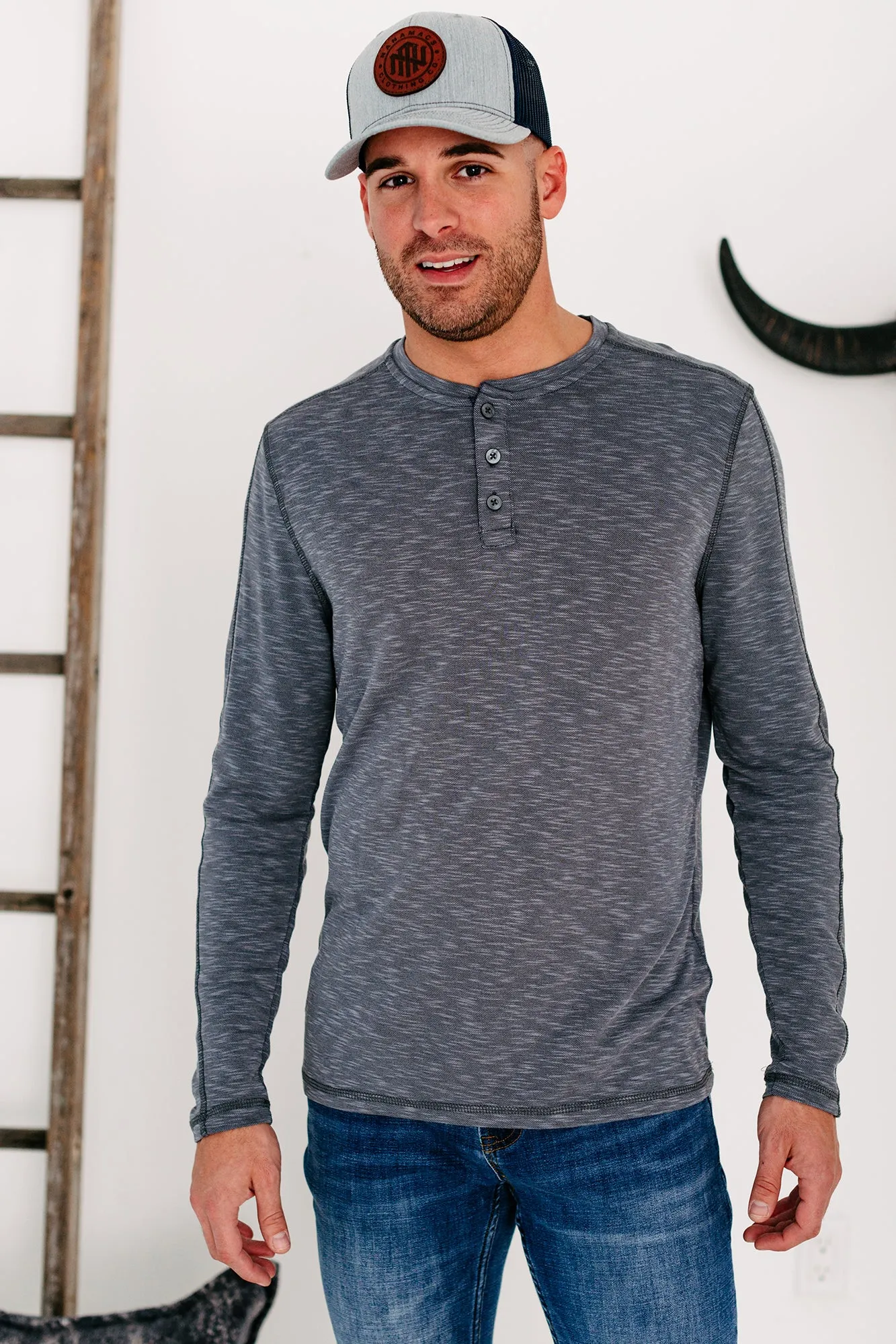 Hudson Men's Henley Top (Heather Grey)