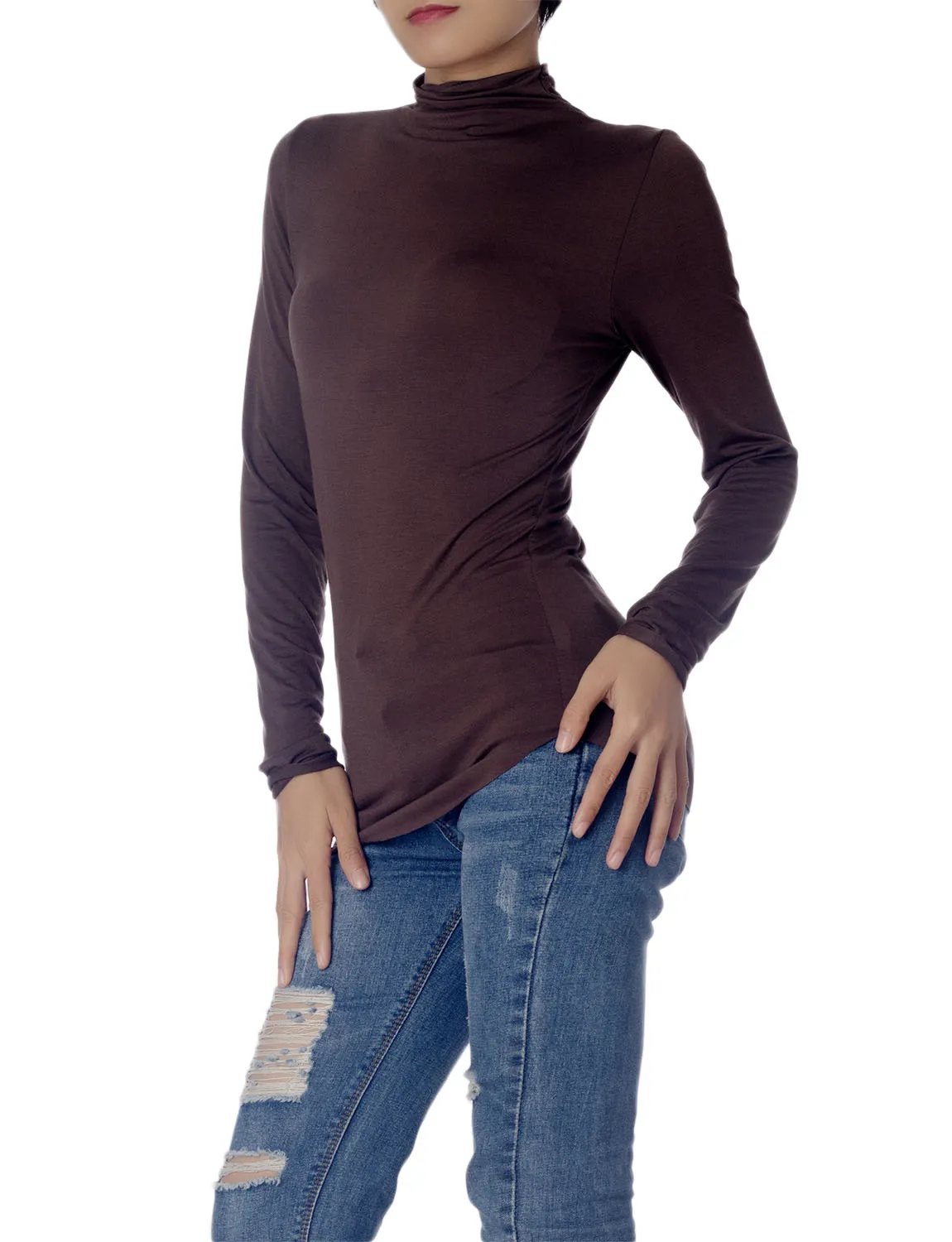 iB-iP Women's Tops Turtleneck Slim Fit Long Sleeve High Neck Cozy Silky Henley