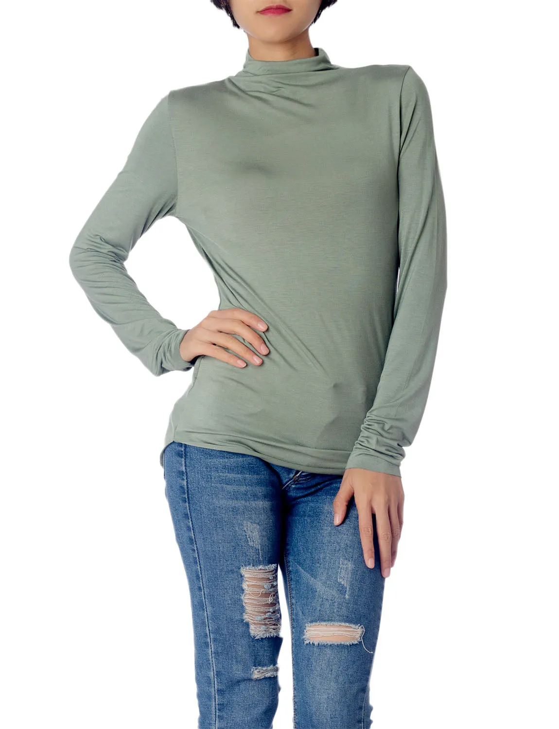 iB-iP Women's Tops Turtleneck Slim Fit Long Sleeve High Neck Cozy Silky Henley