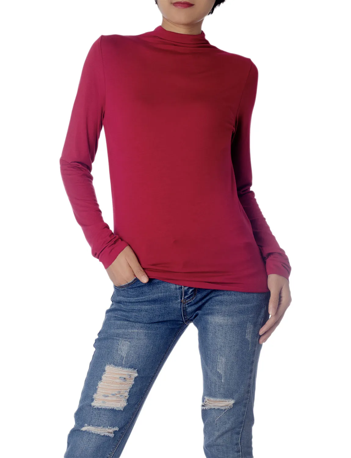 iB-iP Women's Tops Turtleneck Slim Fit Long Sleeve High Neck Cozy Silky Henley